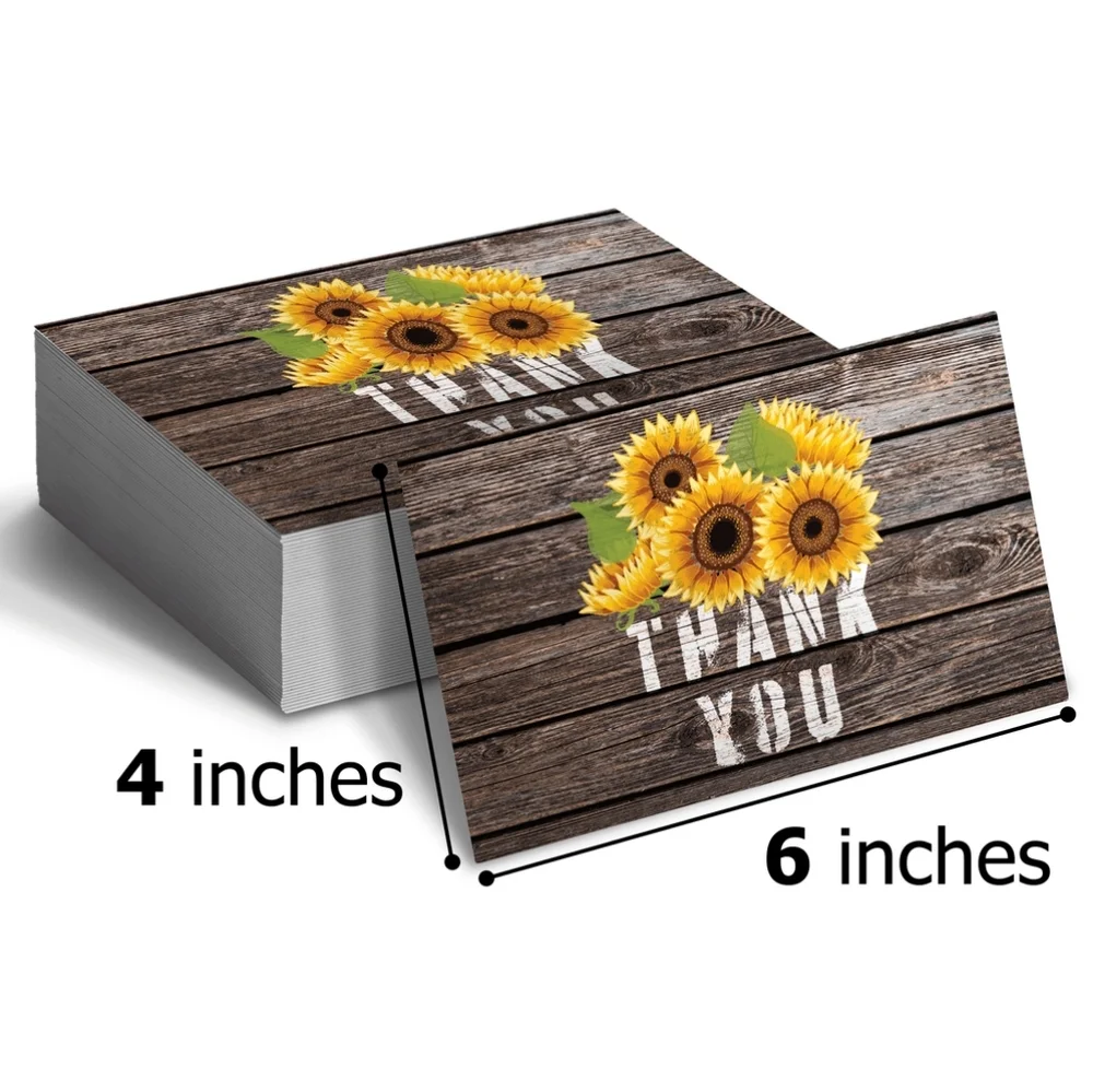 50 Pack Thank you Cards Sunflowers Insert Cards 4x6 & Stickers